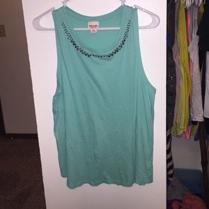 Light blue tank top with beading around neckline