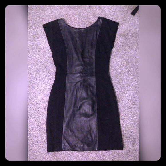 alice + olivia stretch leather + ponte mini dress