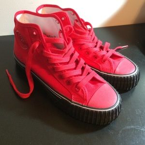 RED BLACK PF FLYERS. ALL NEW NEVER WORN