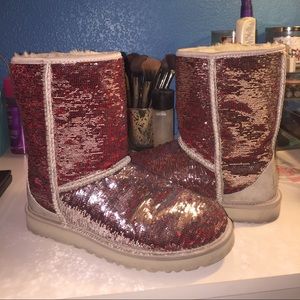 Sliver, red, and green Uggs