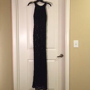 Black fitted knit formal long gown