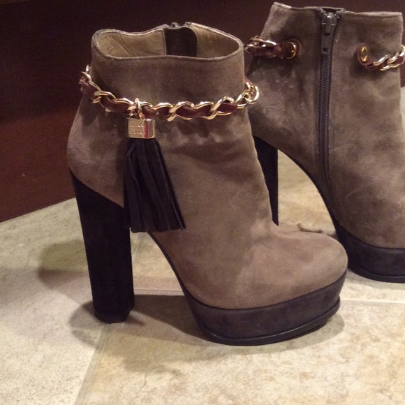 Suede booties with chunky heel attached chain