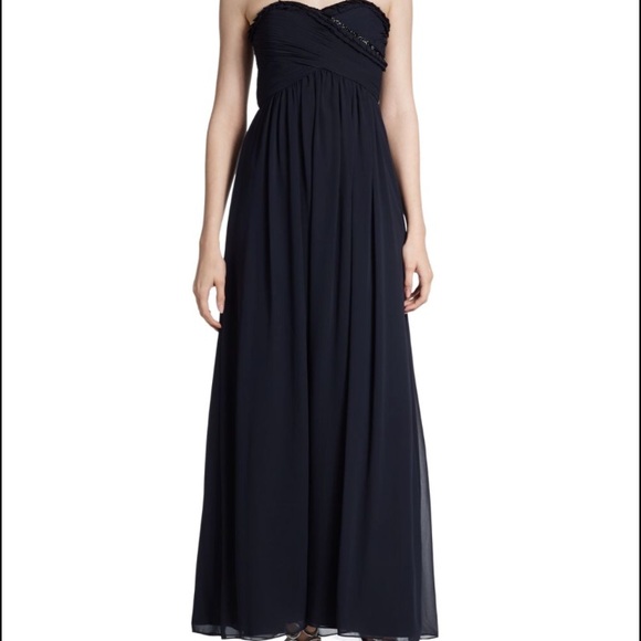 Navy Blue Strapless Chiffon dress.