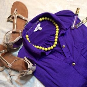 NWT roll-sleeve royal purple button-up top
