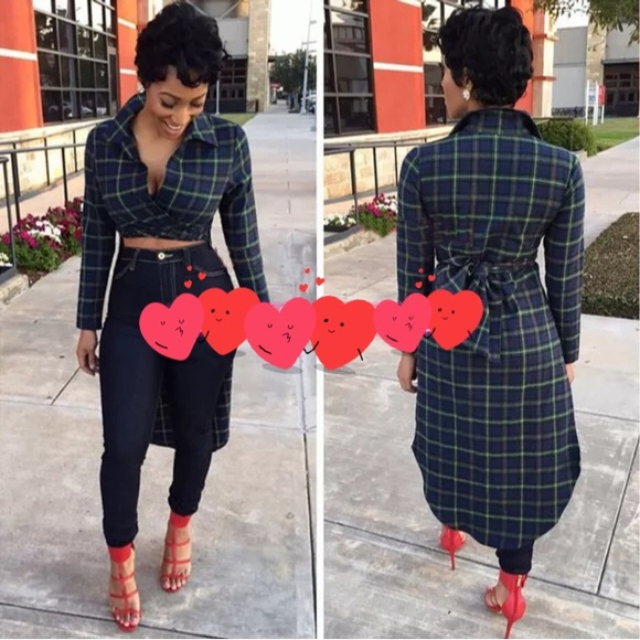 Fashion long sleeve plaid shirt with bow bandage