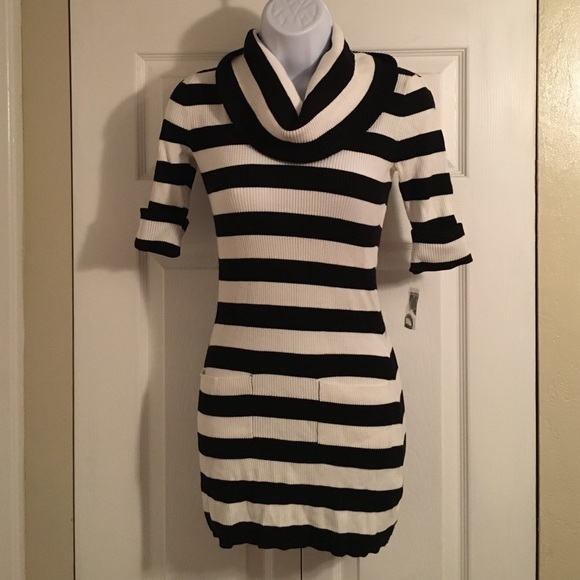 Black and white striped cowl neck sweater