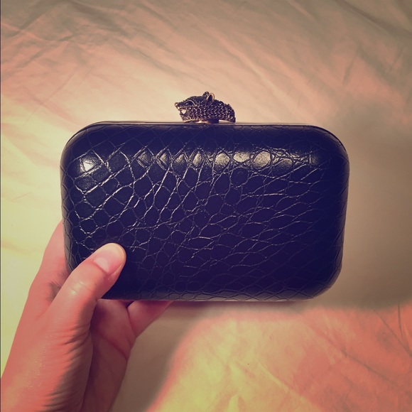 Kate Landry black faux croc evening clutch