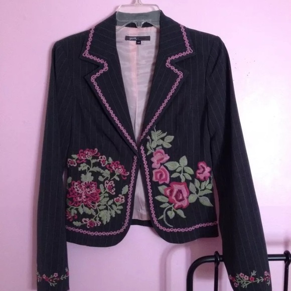 Gray and pink pinstripe suit with cargo pockets