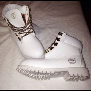 White Timberlands with Gold chain laces