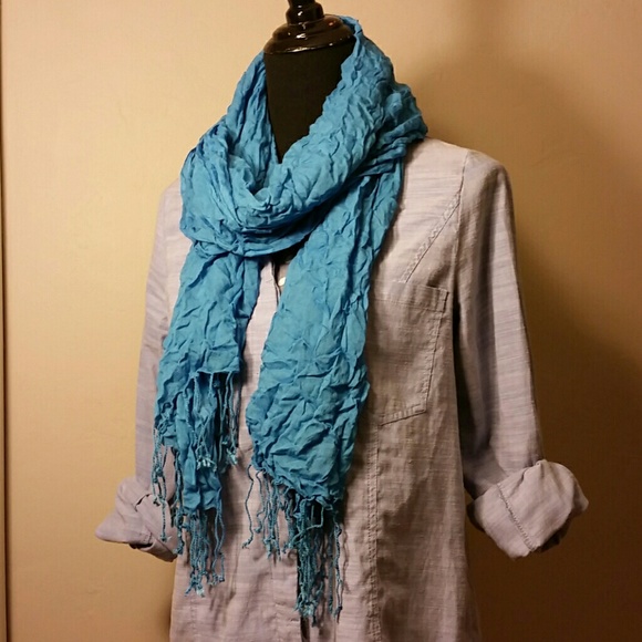 Blue Linen Fringed Scarf