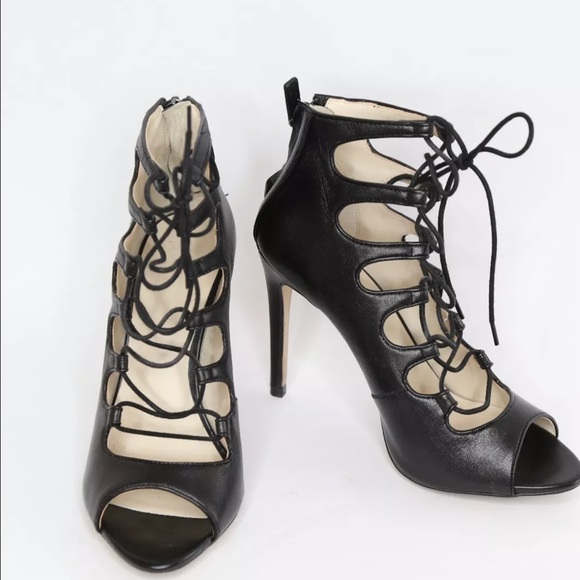 ZARA Black High Heels Leather Ankle Lace Up Boots - Picture 3 of 4