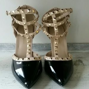 Black patent and nude studded heels