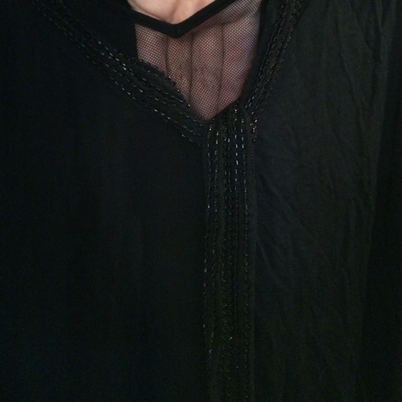 Black top w/ sheer panel at chest with sequin tie. - Picture 2 of 4