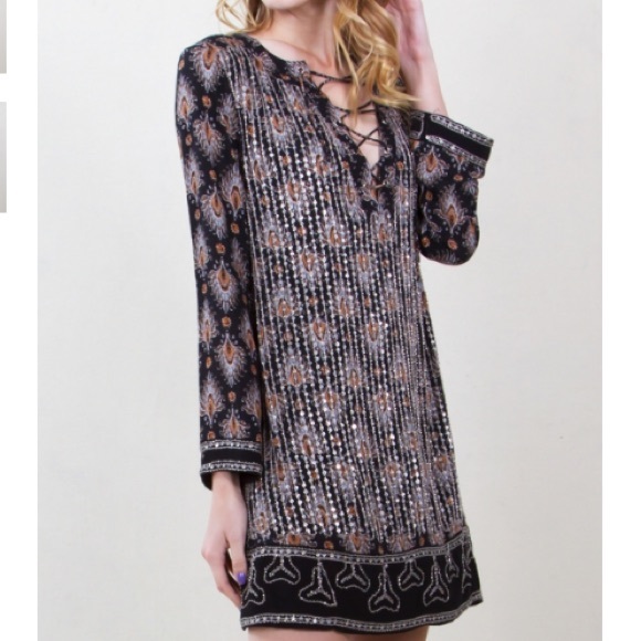 Lace Up Beaded Feather Print Dress!