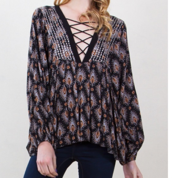 Lace Up Feather Print Top with Beaded Detail!