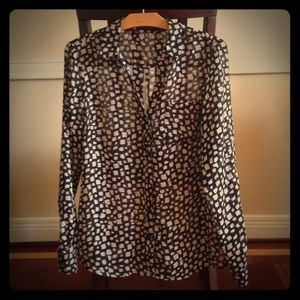 Long sleeve, button down, sheer blouse.