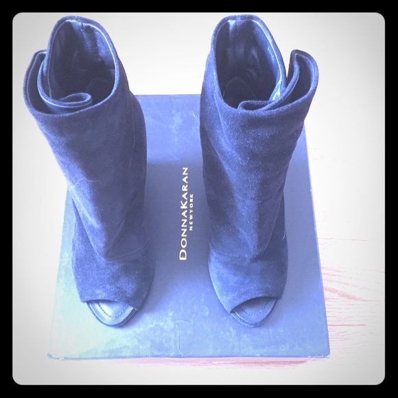 Donna Karen black suede open toe booties