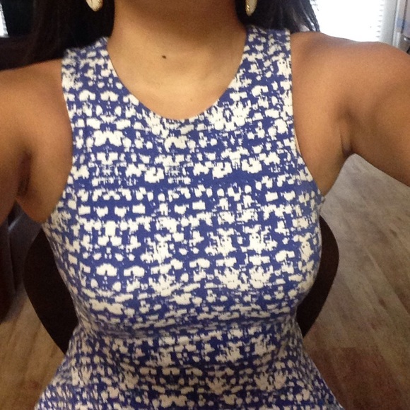 Geometric blue skater dress with high neckline