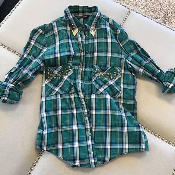Zara Tops - Green plaid western shirt with embellishments