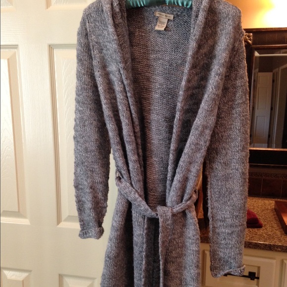 Sweater Duster Gray with Hood, Tie Belt -- Small