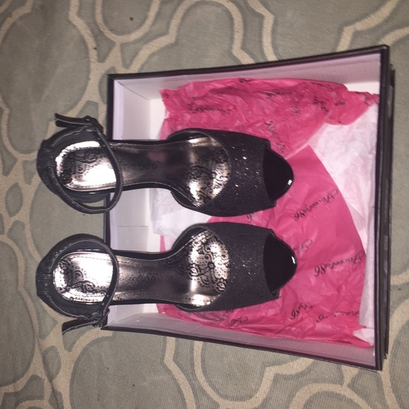 Black open toe glittery ankle strap heels