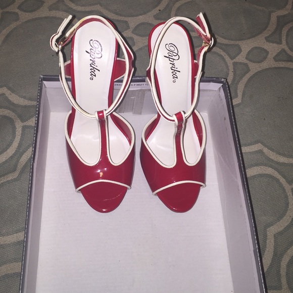Red and white open toe ankle strap heels