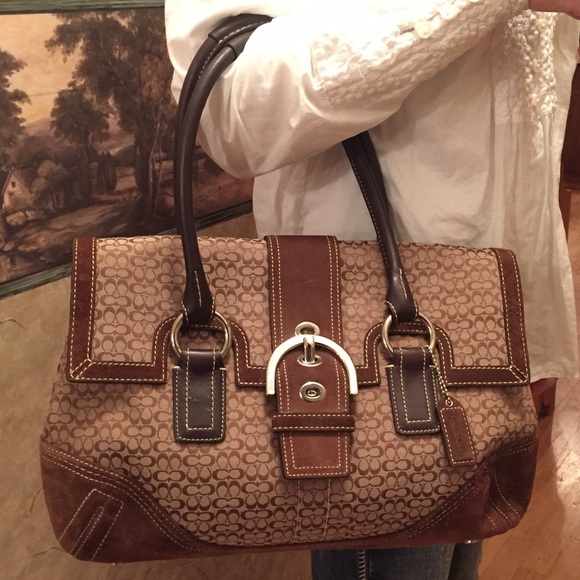 Coach Handbags - AUTHENTIC COACH SMALL C BROWN SUEDE+ FABRIC BAG