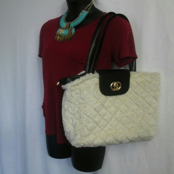 White Quilted Fur Large Handbag