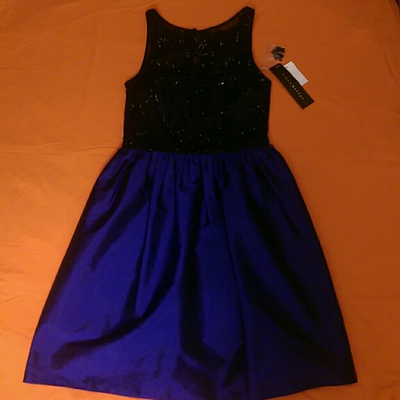 Aidan Mattox Black/Cobalt Illusion Neckline Dress