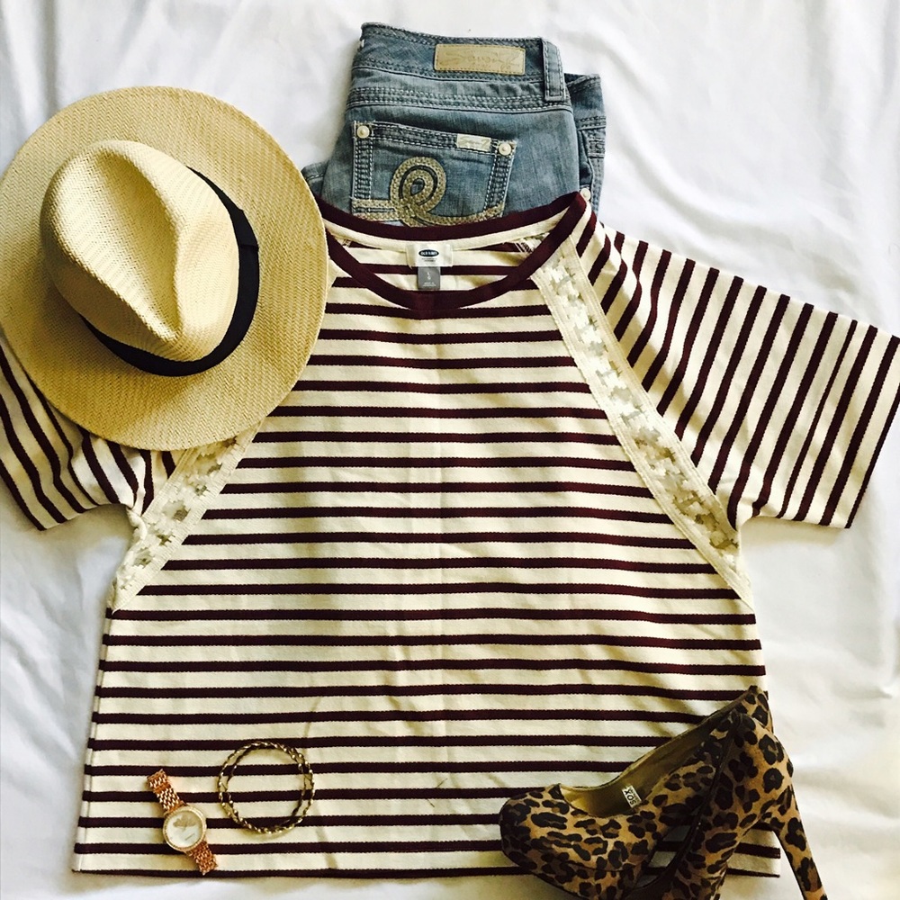 Stripped Terrry-Dolman Top with Lace Detail