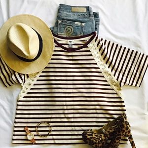 Stripped Terrry-Dolman Top with Lace Detail