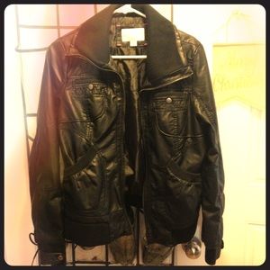 Faux leather motorcycle jacket with knit trim