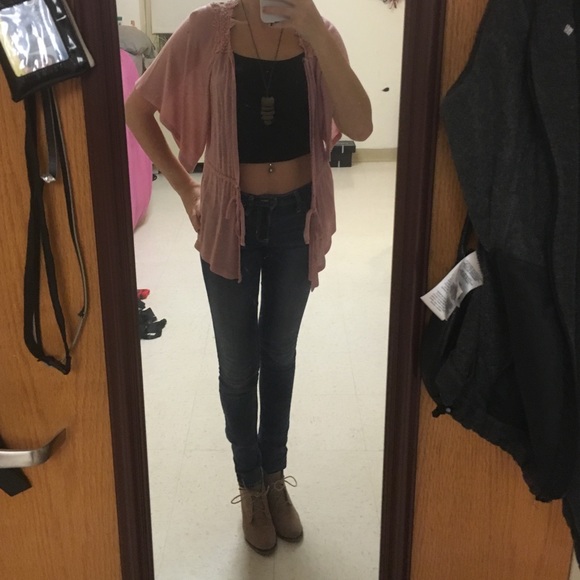 Blush pink, flowy sleeved top with crochet back