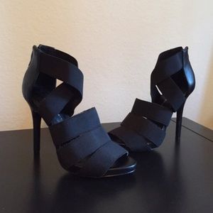 BCBG Jillien Black Crisscross Open Toe Heels
