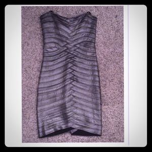 Silver BcBg strapless bondage dress
