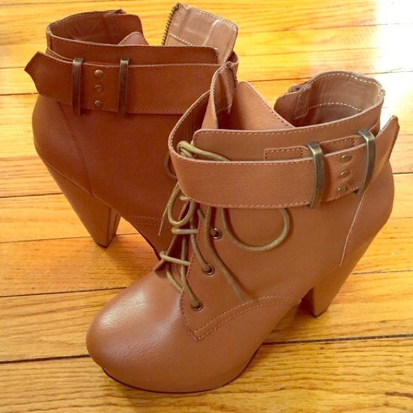 Urban Outfitters lace up camel leather booties
