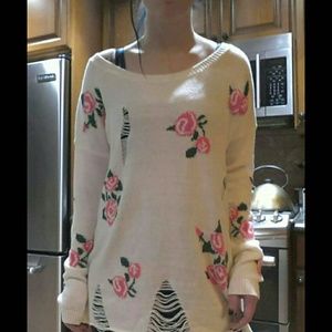 Destroyed White Knit Sweater w/ Roses
