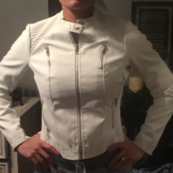 White Faux leather Moto jacket with zippers