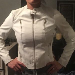 White Faux leather Moto jacket with zippers
