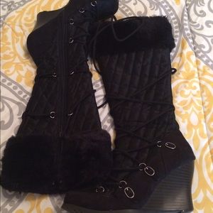 Black Wedge Knee-High Boots