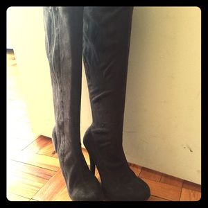 Grey suede heeled boots, tall shaft, size 5