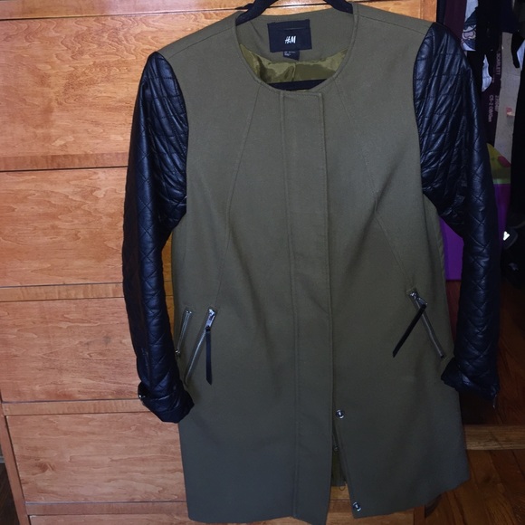 Olive jacket w Black pleather sleeves.