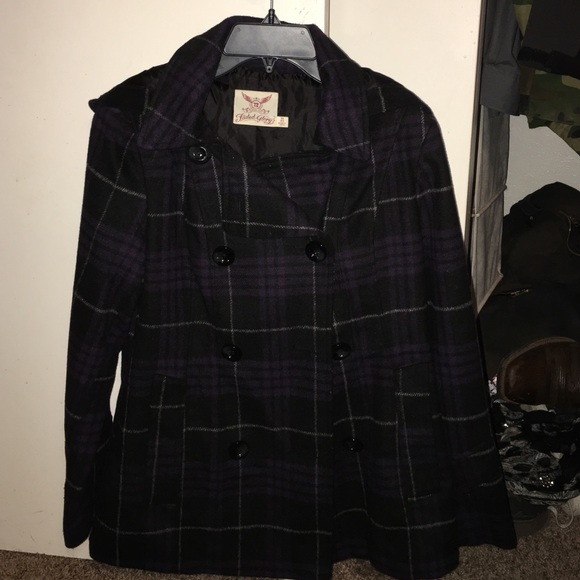 Purple and black plaid pea coat