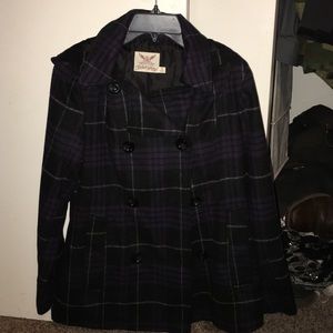 Purple and black plaid pea coat
