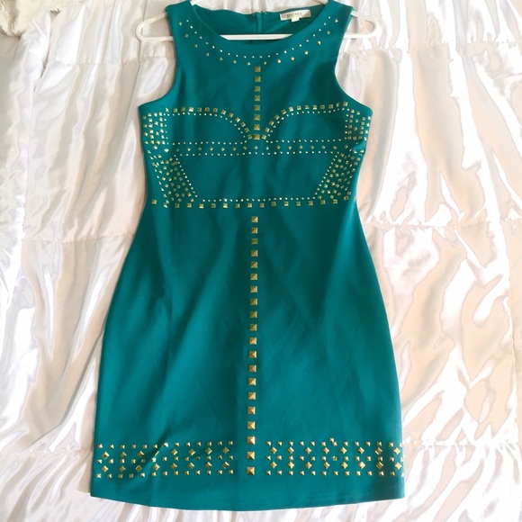 Alythea teal fitted dress w/ gold studded detail
