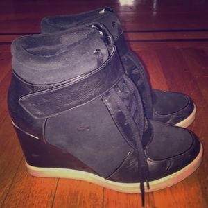 Lacoste Bernelle suede and leather wedge sneakers