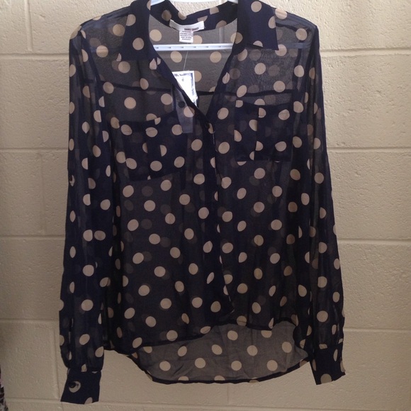 Sheer, polka dot, cream and navy, button up blouse