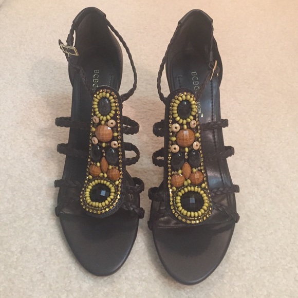 BCBG brown leather dressy sandals with heel.