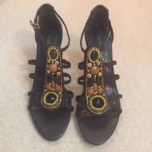 BCBG brown leather dressy sandals with heel.