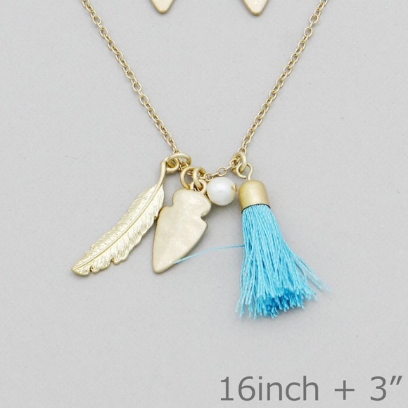 Gold arrow leaf turquoise tassel necklace set - Picture 4 of 4